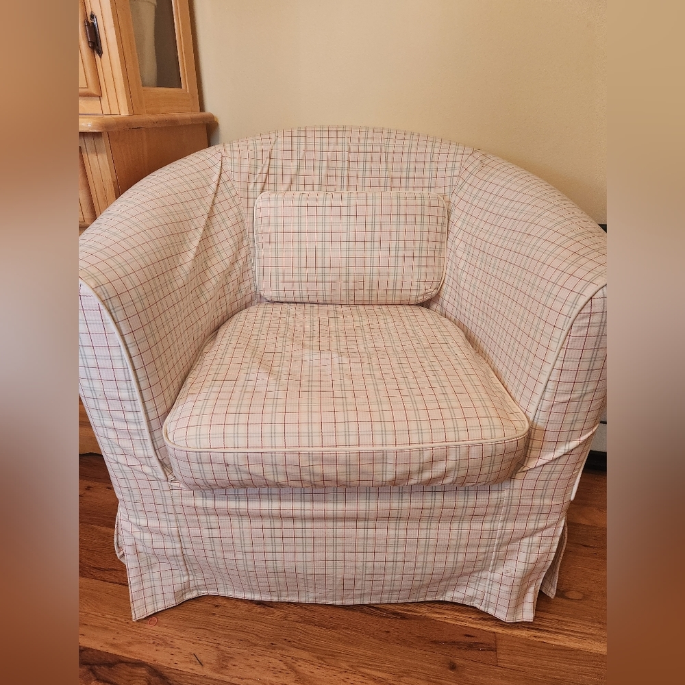 IKEA Slipcover for Tullsta chair. Windowpane pattern. White with burgundy/pink